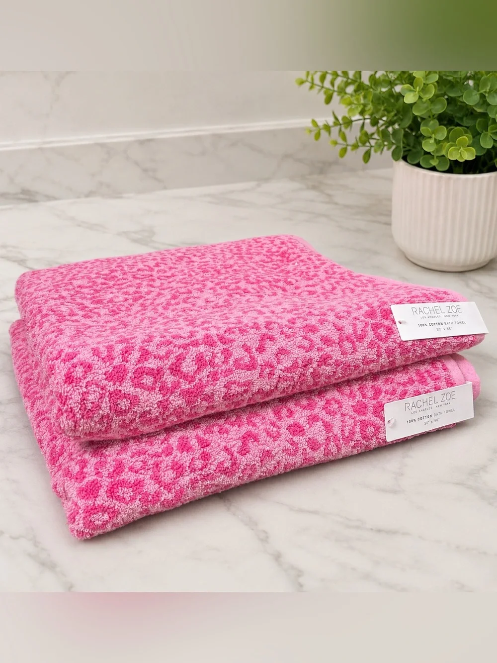 Rachel Zoe 2pc Reversible Hot Pink Leopard Print Bath Towels Locker Loop Cotton